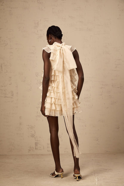 Woman wearing a sleeveless mini dress with tiered flounce detail