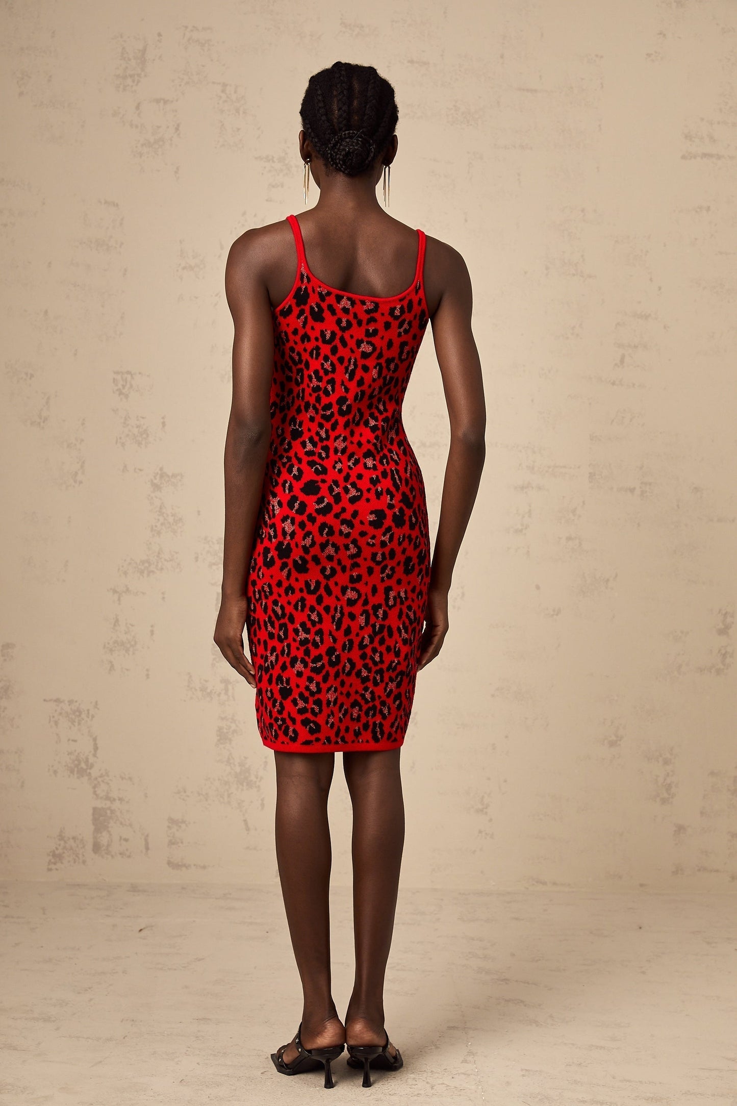 A red leopard print mini dress with a shimmery lurex fabric Honorine brand short sleek party dress with animal pattern