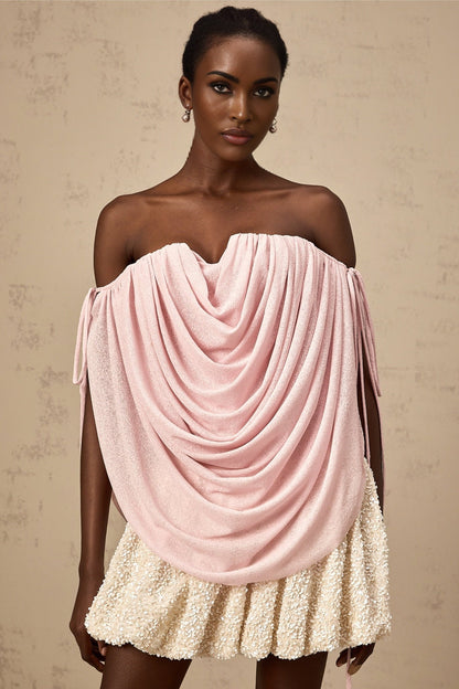 A pink offshoulder top with ruched detailing called Quintina