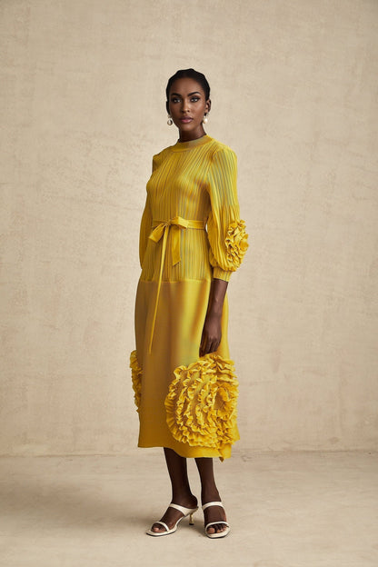 Aïda yellow 3dpetal ruffled midi dress