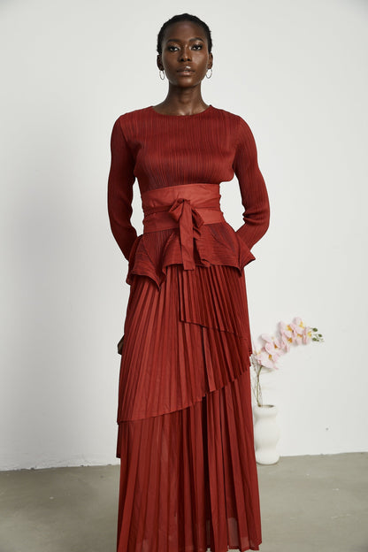 Margaux bowtie embellished pleated top  skirt matching set