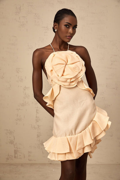 A short pink mini dress with threedimensional petallike ruffles covering the bodice and skirt creating a floral inspired texture and volume