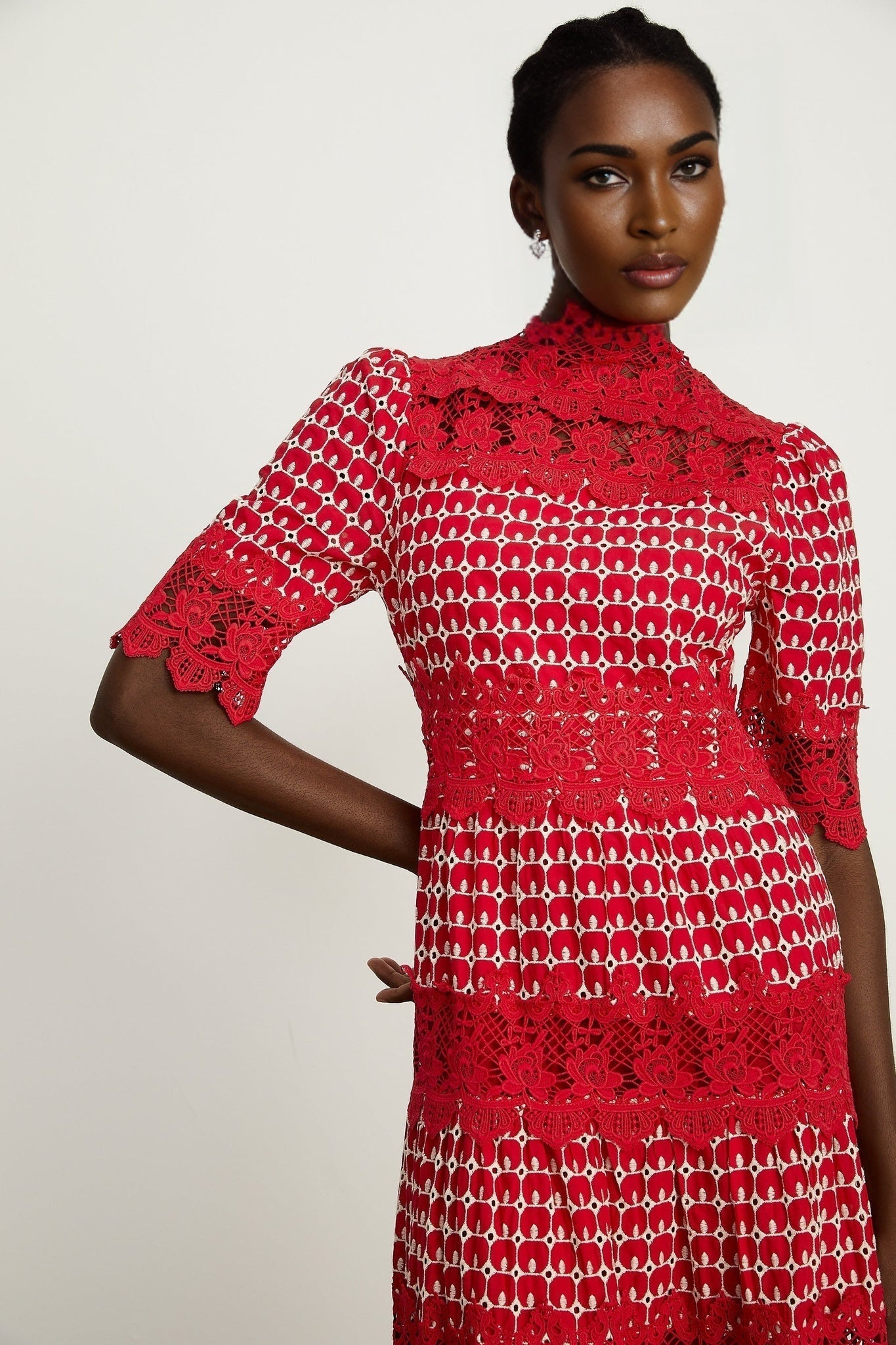 Chantal red scalloppattern lacepanel maxi dress