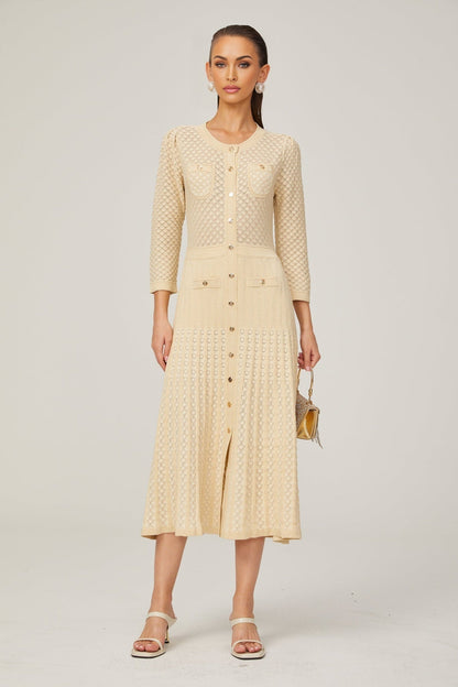 Élodie knitted longsleeve midi dress in Neutrals
