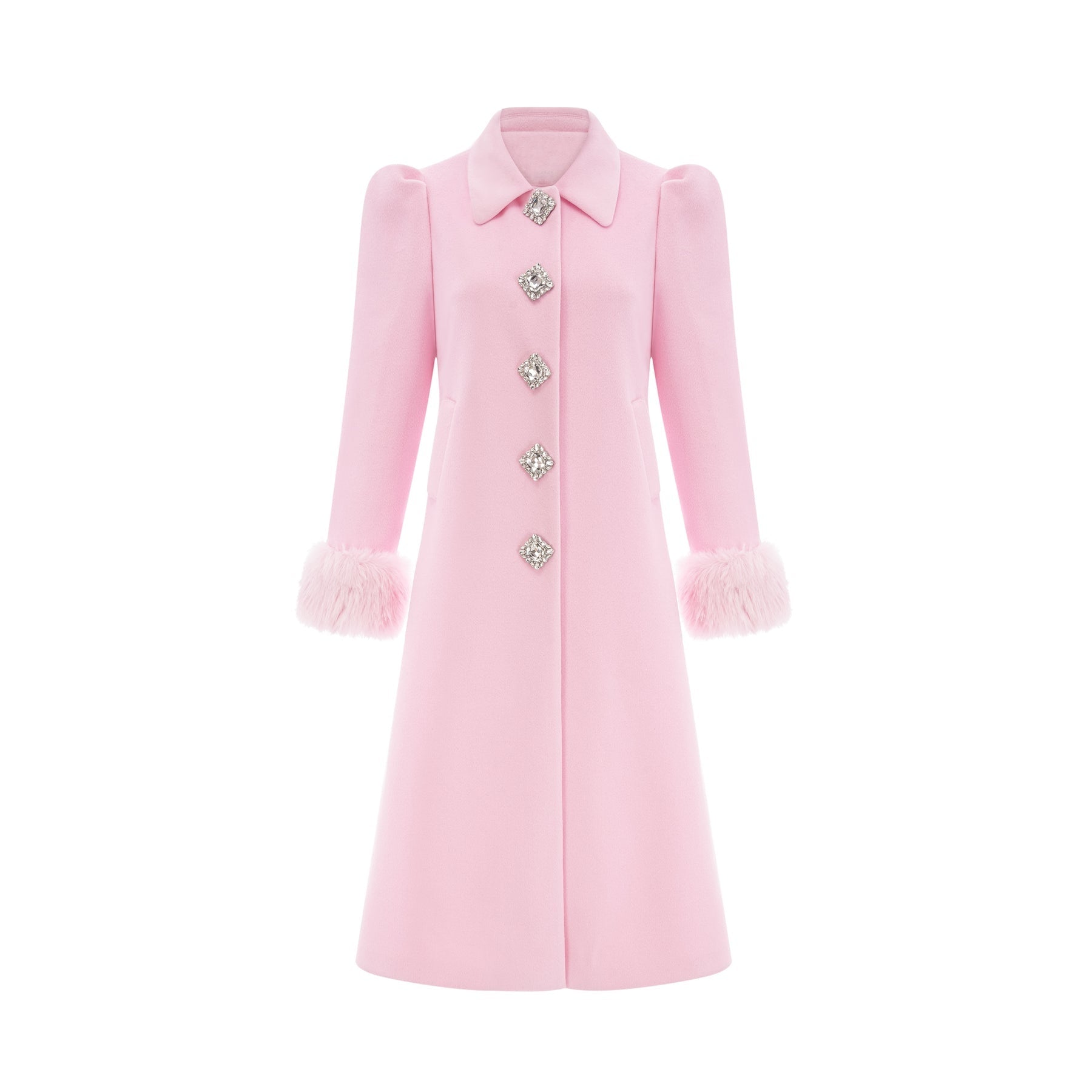 A pink faux fur overcoat named Louisette shown on a mannequin or model against a plain background