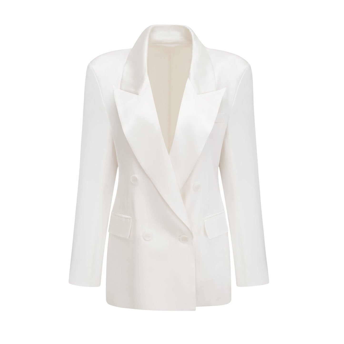 A white doublebreasted blazer named Sylvie worn by a model against a plain background