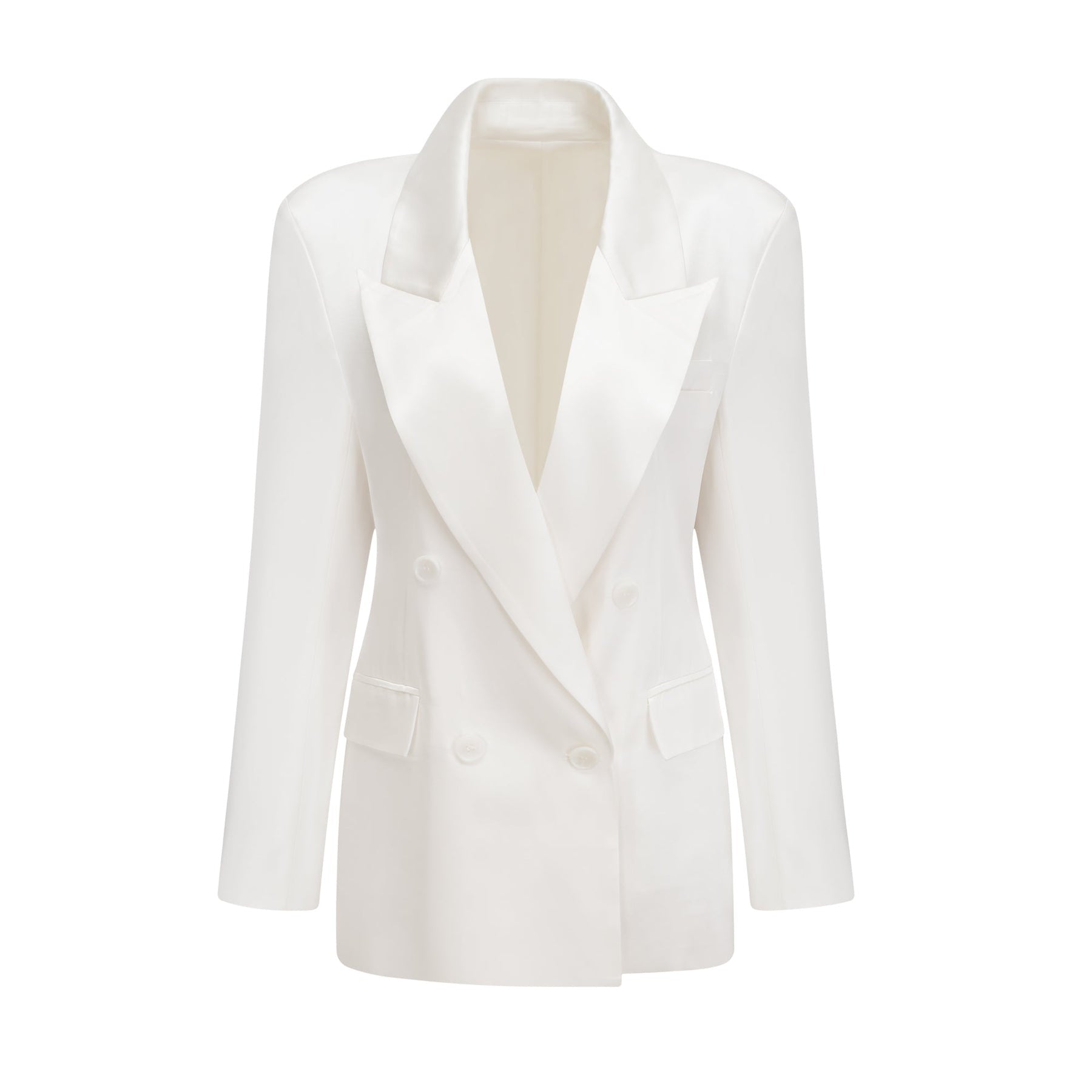 A white doublebreasted blazer named Sylvie worn by a model against a plain background