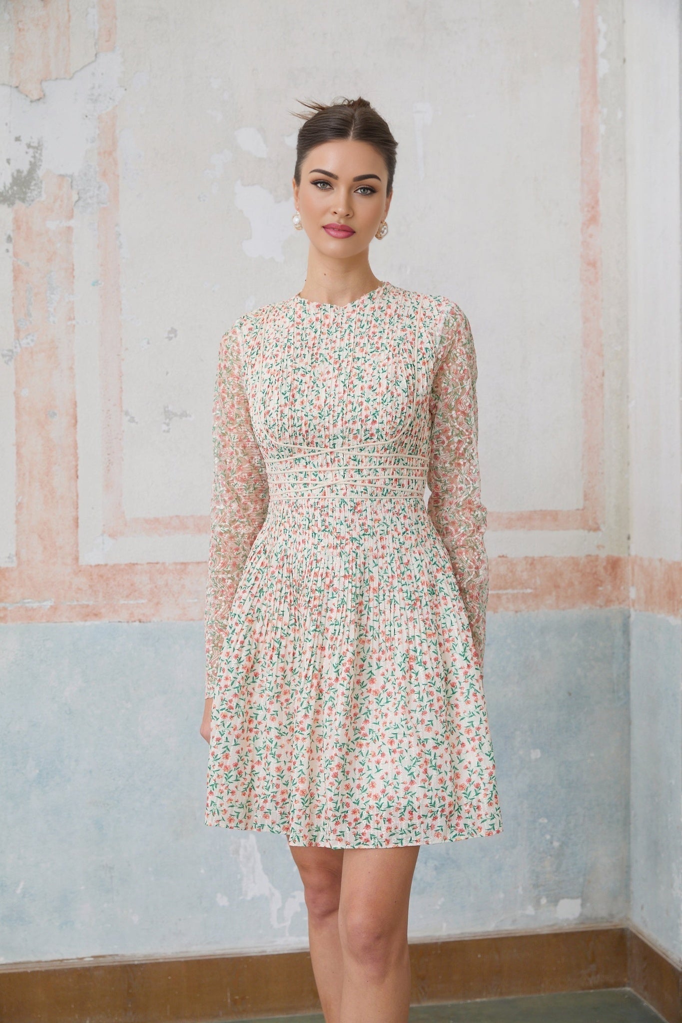 A short floral print dress with pleats and a mini length named Marion
