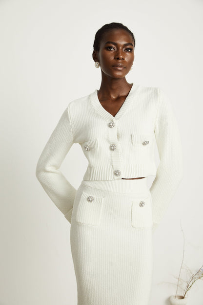 Clarisse white knitted cardigan  skirt matching set