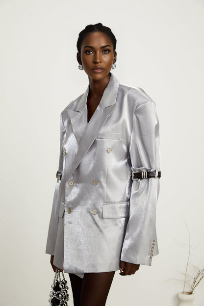 Gabrielle grey beltedarm metallic blazer