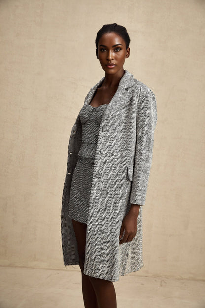 Long gray coat with herringbone pattern called Chantal