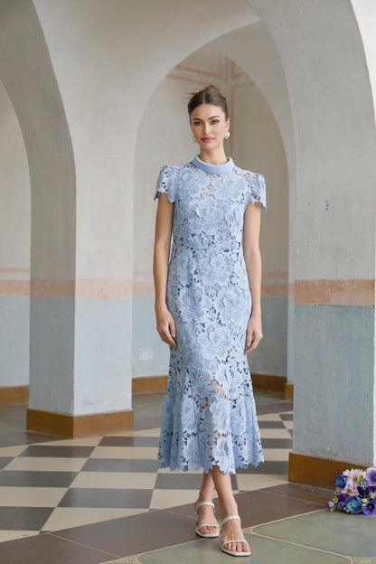 Aurore blue midi dress with delicate floral lace applique detailing
