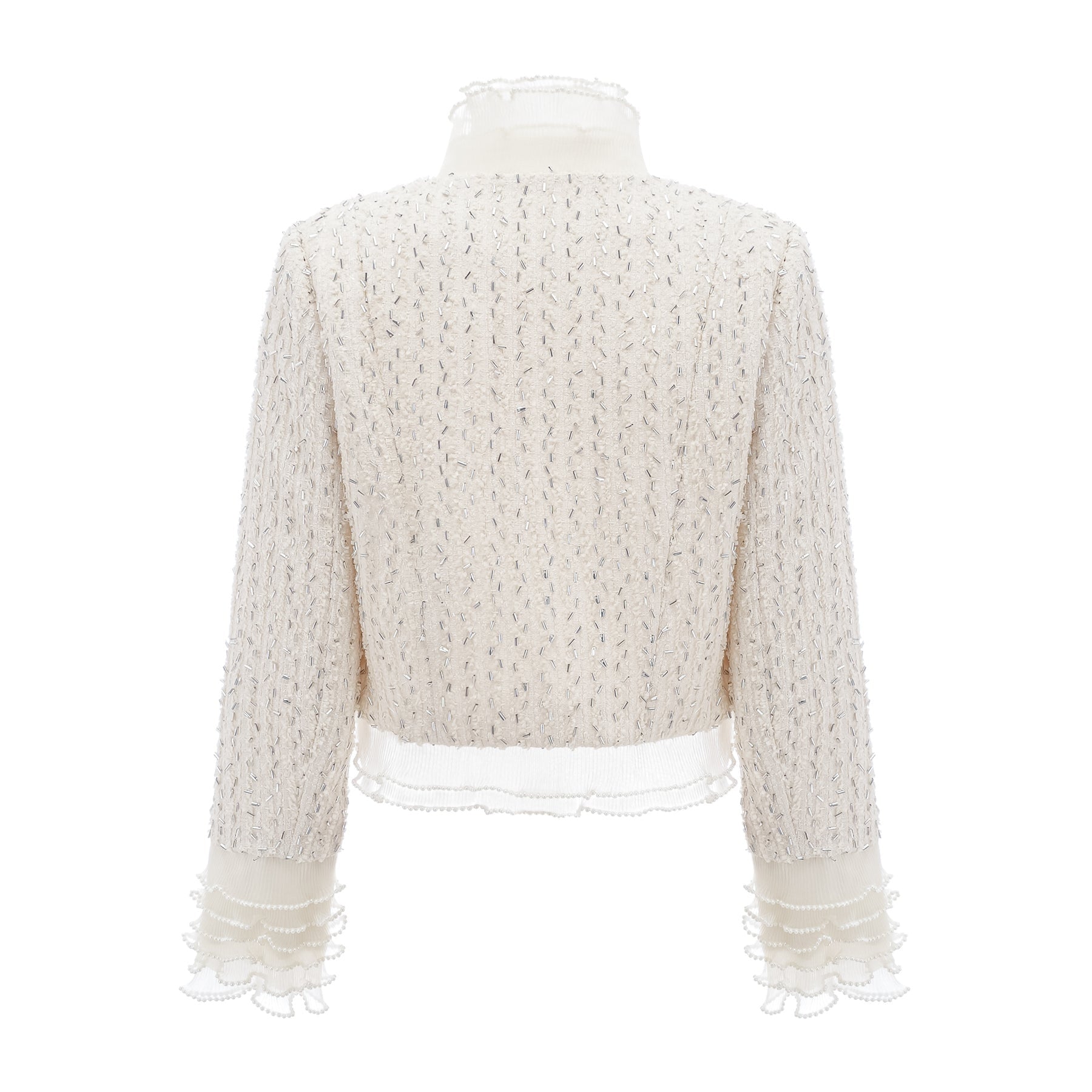 Cropped white jacket with beaded detailing and ruffle trim
