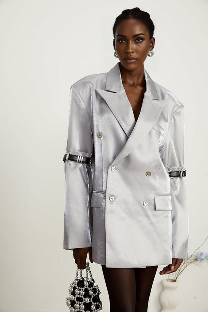 Gabrielle grey beltedarm metallic blazer