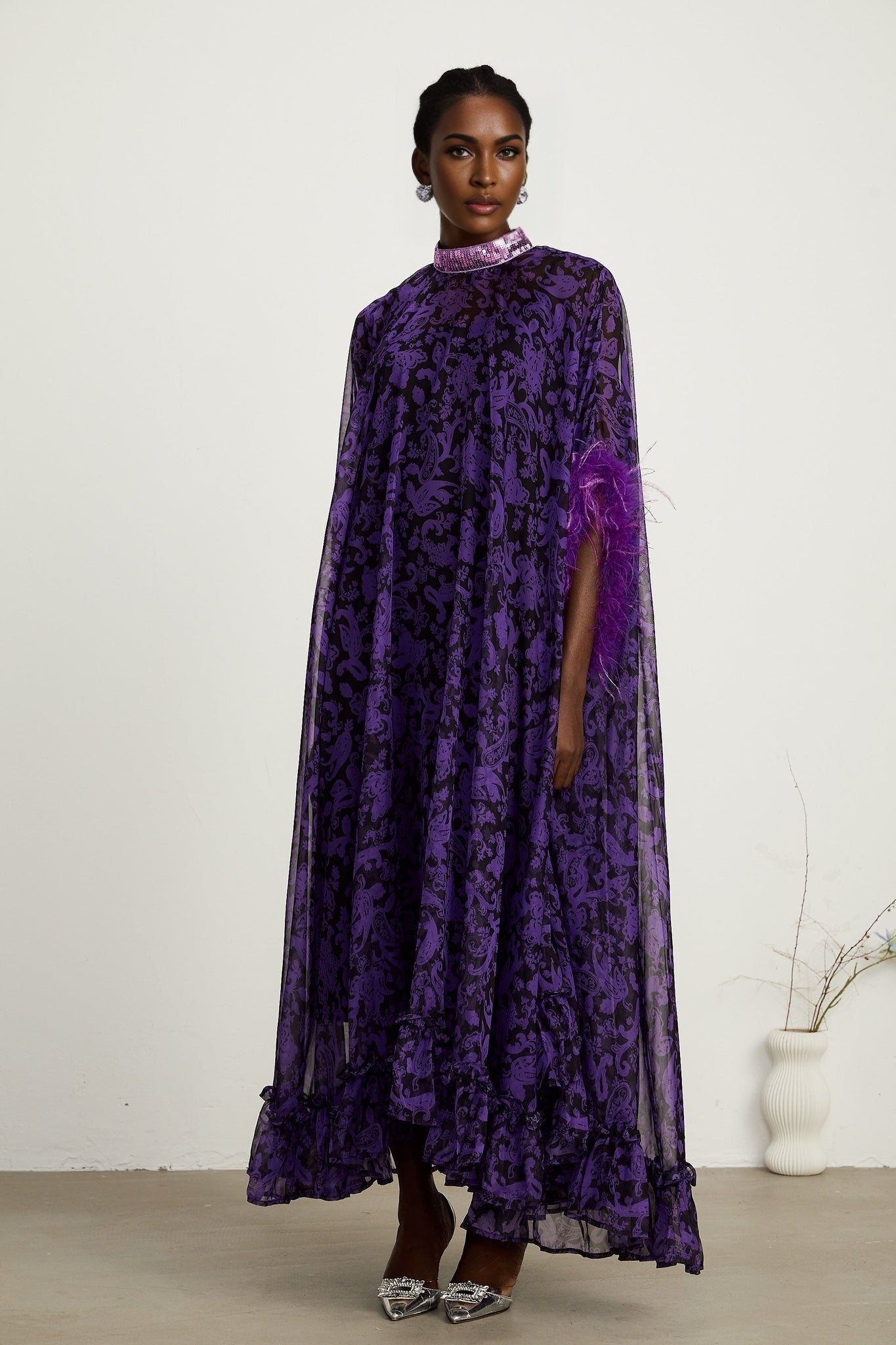 Lisette feathertrim batwingsleeve maxi dress