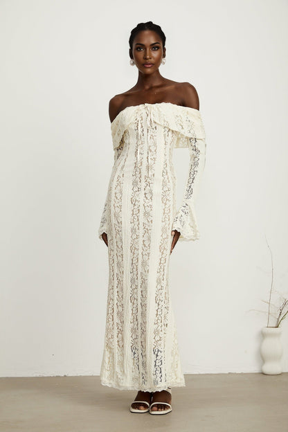 Émeline floral lace flaredcuff maxi dress in Neutrals