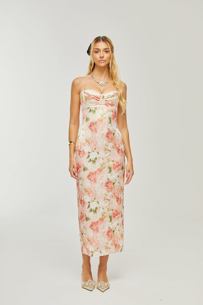 Yvette pink floralprint satin maxi dress