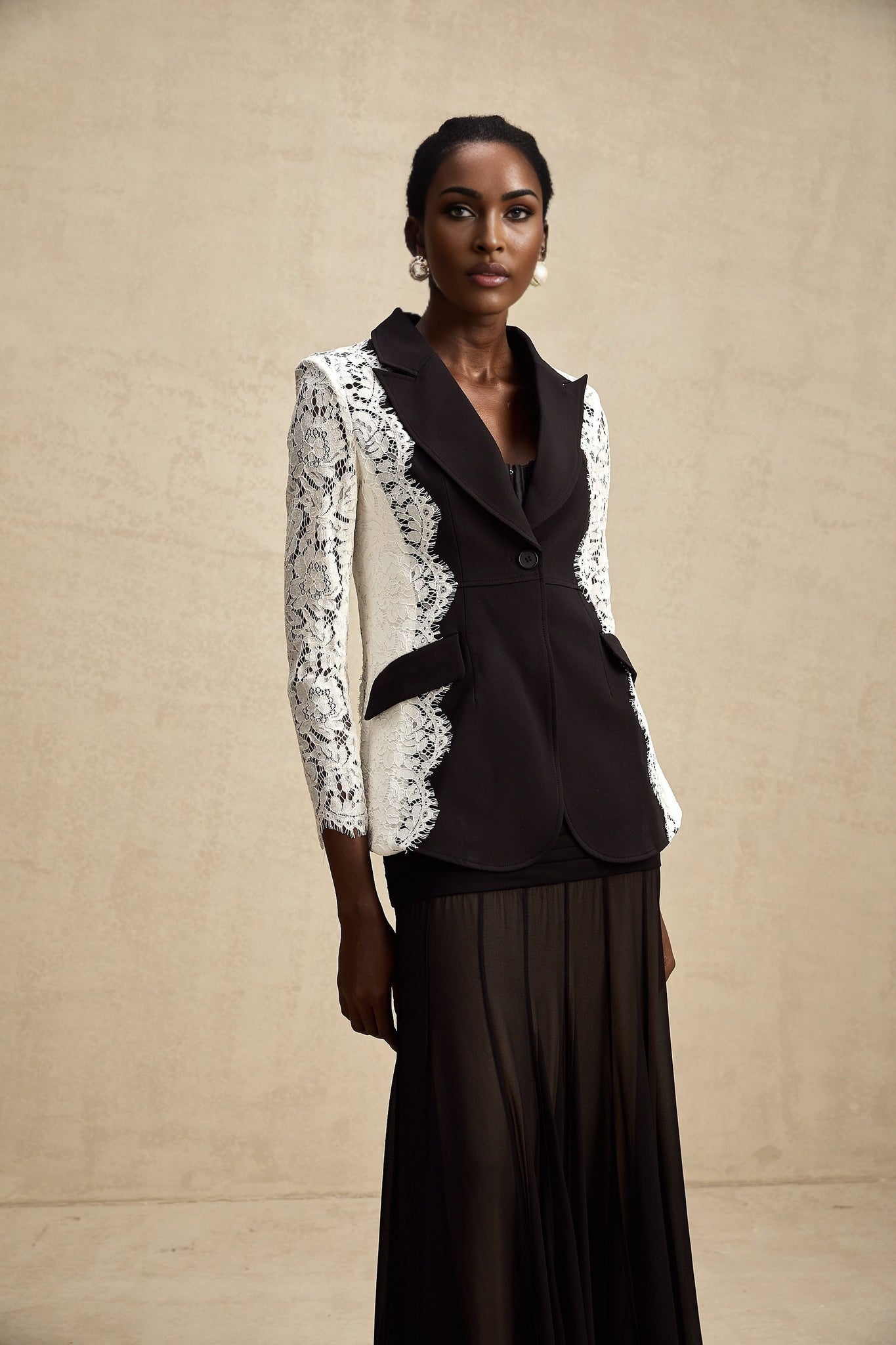 Womens blazer with color block design and lace trim in multiple colors
