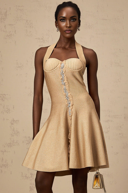 A khaki colored mini dress with a knitted texture featuring embellishments named Gabrielle