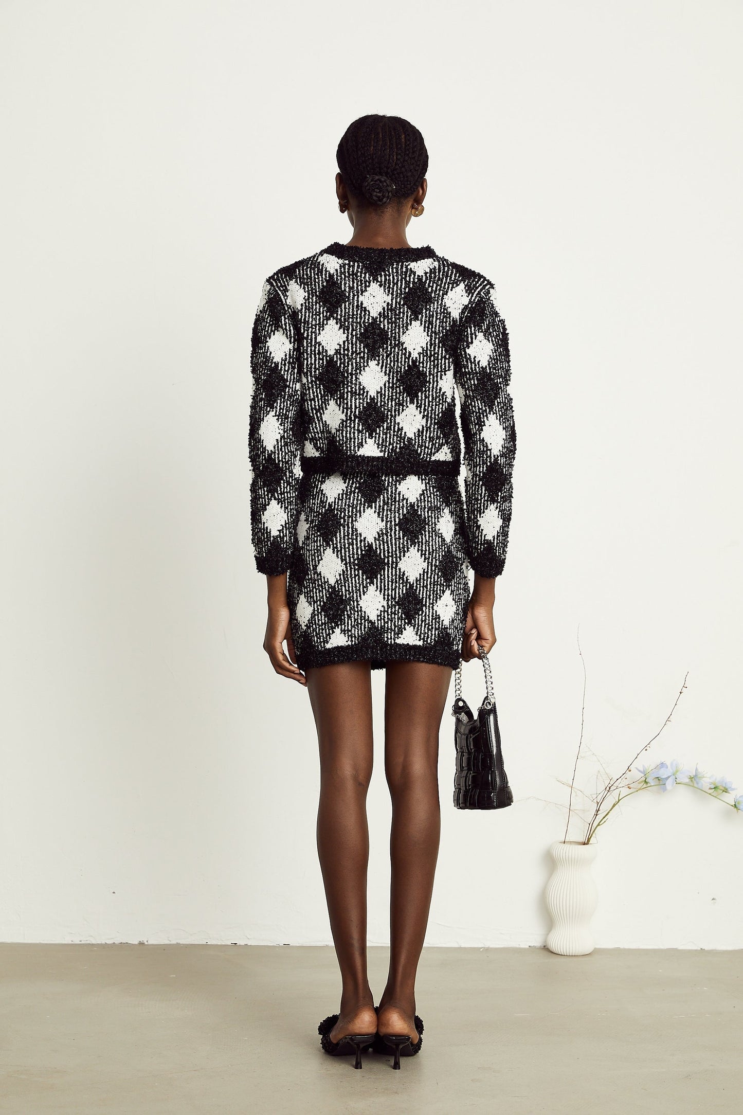 Cécile black argylecheck knit jacket  skirt matching set