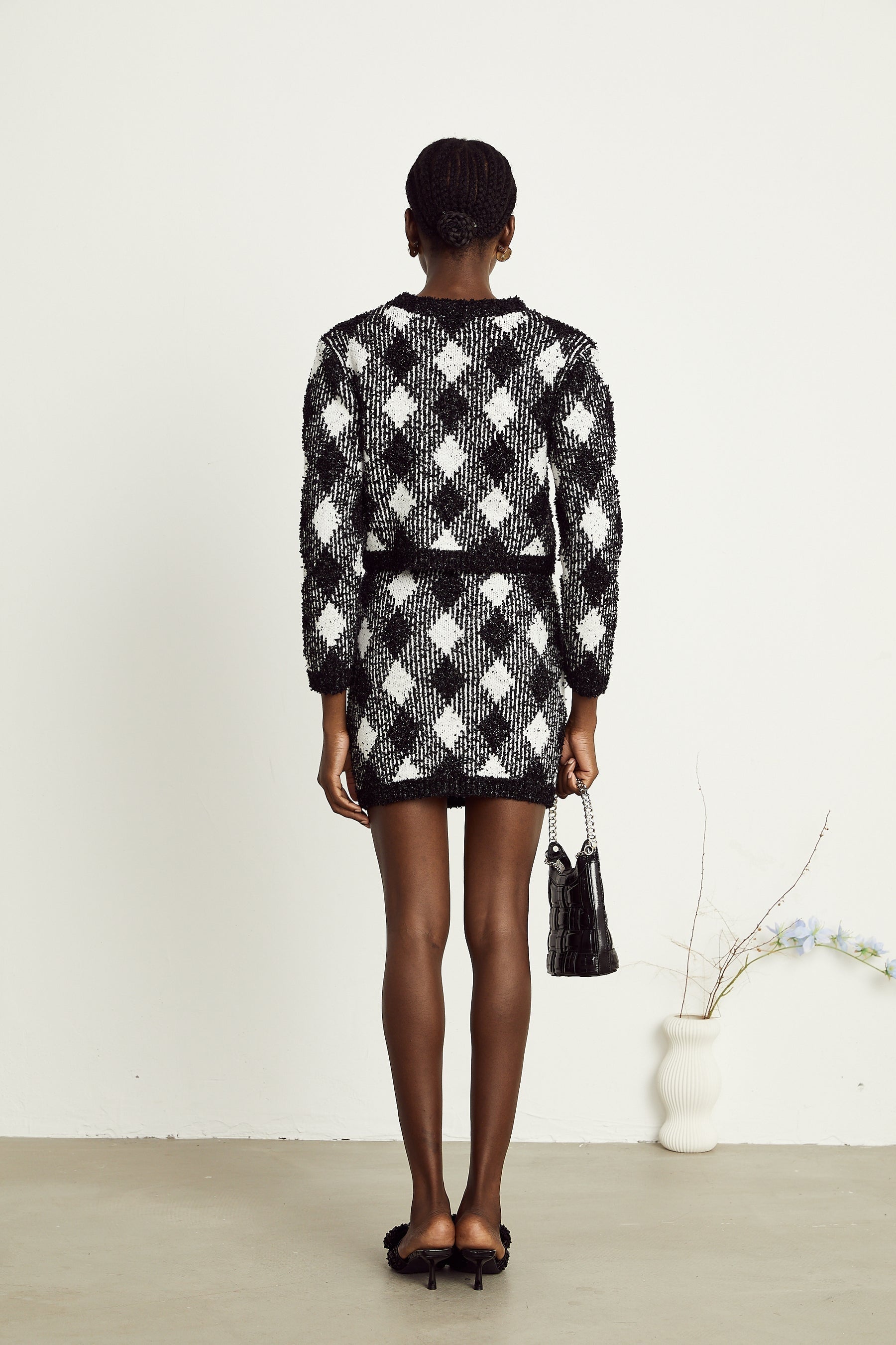 Cécile black argylecheck knit jacket  skirt matching set