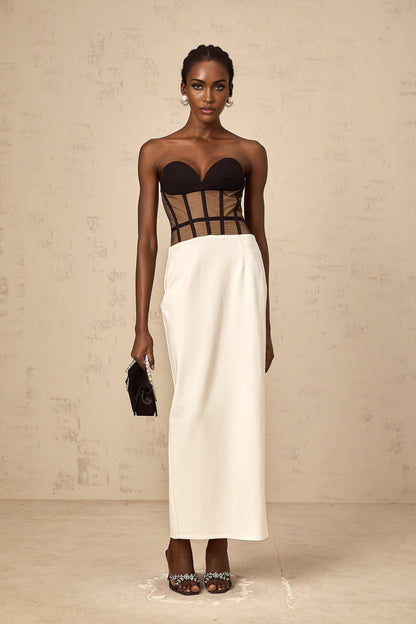 A long sheer maxi dress with a corset bodice featuring contrasting colors and a flowing skirt