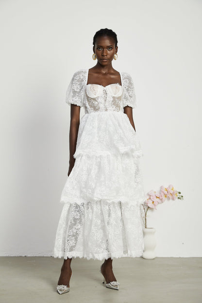 Mélisande white lace tiered maxi dress