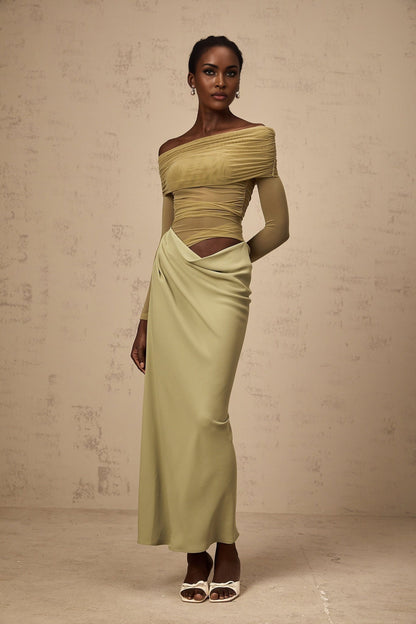 Green off shoulder midi dress with semi sheer fabric and flowy silhouette