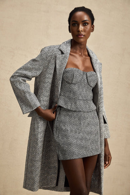 Grey long coat with herringbone pattern