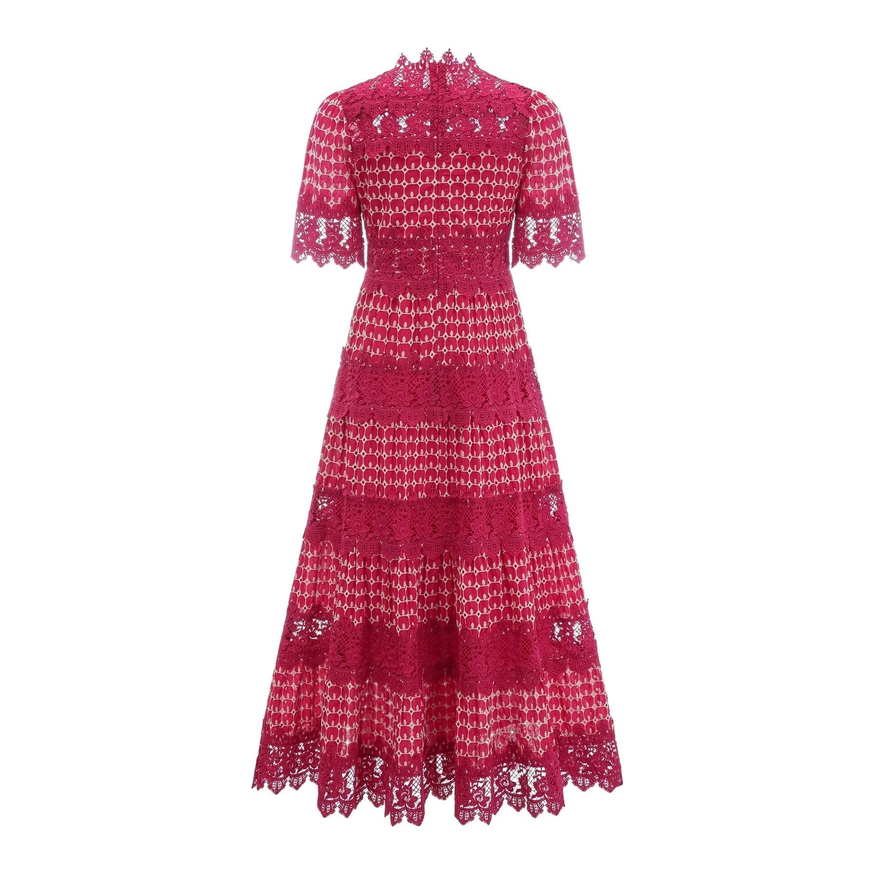 Chantal red scalloppattern lacepanel maxi dress