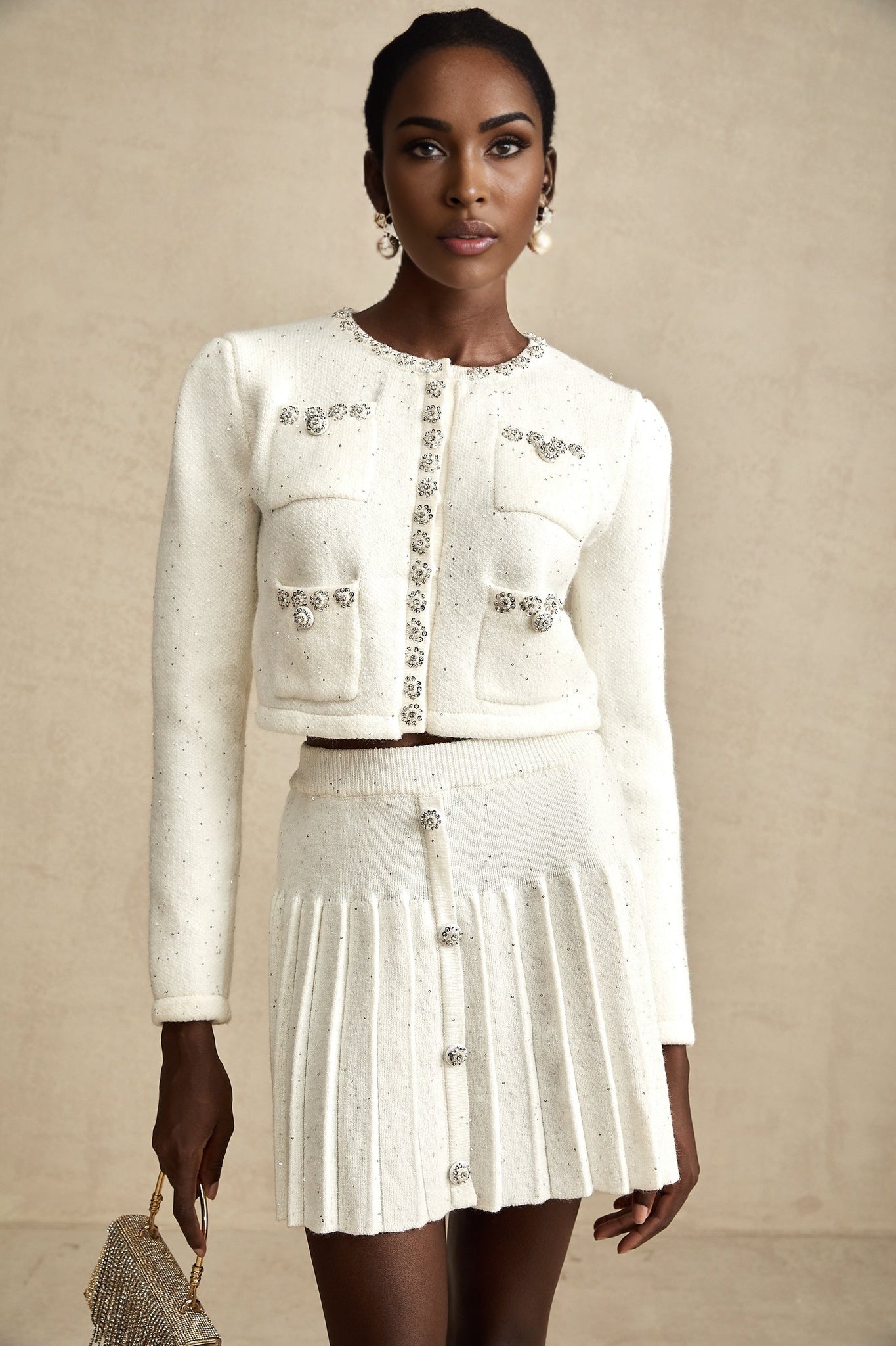 Fabienne white embellished jacket  skirt matching set