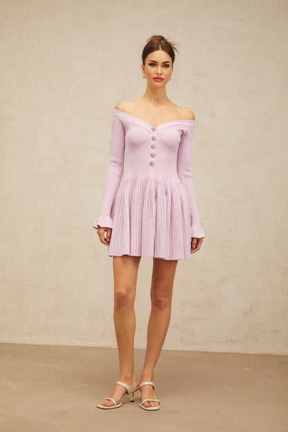 A light purple mini dress with offshoulder design and ribbed knit texture worn by a model