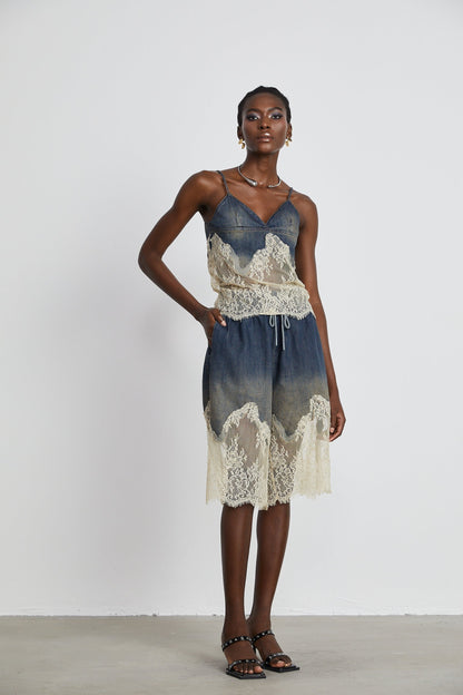 Sylvie lacedetail denim top  shorts matching set