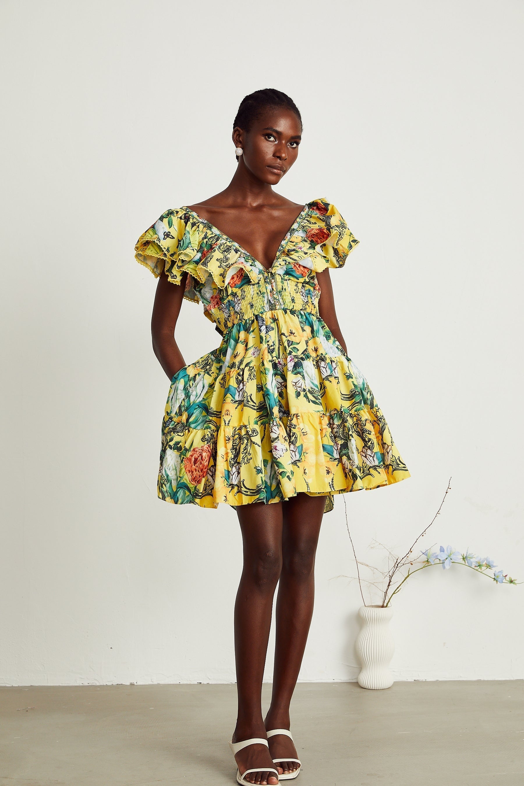 Saige ruffled floralprint mini dress in Yellow