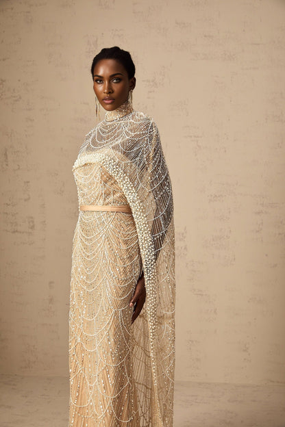 Elegant champagne gown with matching beaded cape Frederica set formal evening wear full length dress with sheer cape overlay
