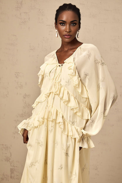 Yellow floral print midi dress with ruffles and chiffon fabric Oriane style