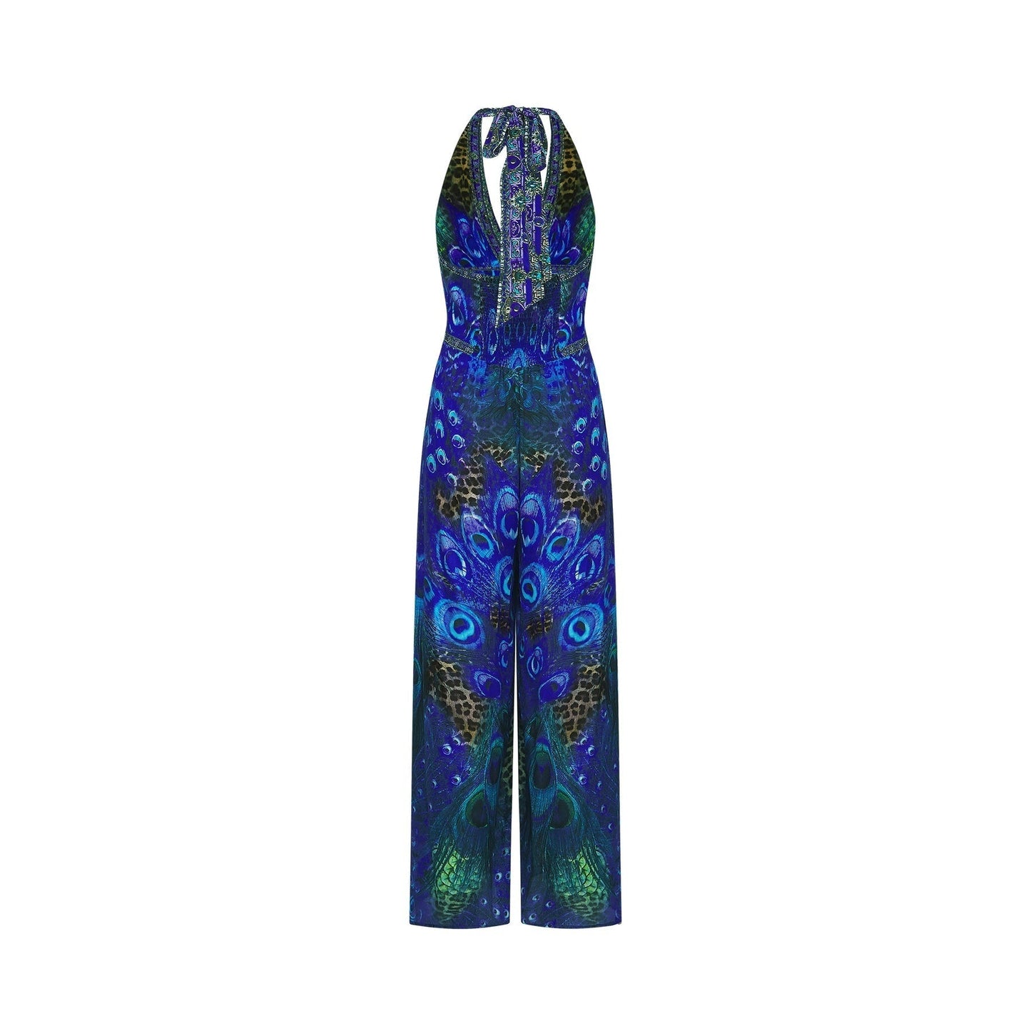 Sleeveless silk jumpsuit with halter neckline in a flowing silhouette