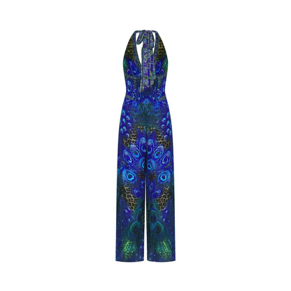 Sleeveless silk jumpsuit with halter neckline in a flowing silhouette