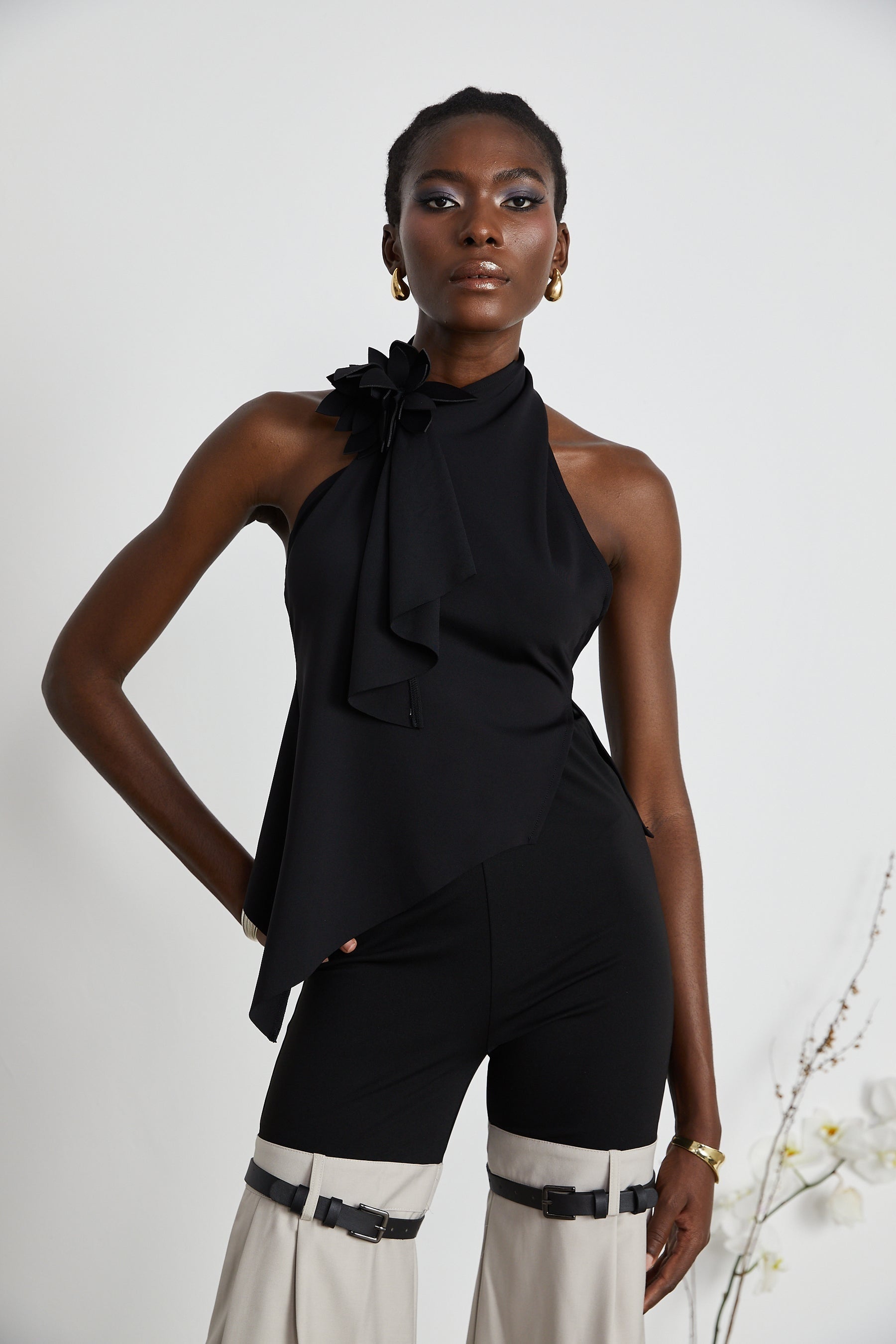 Aline floralappliqué backless asymmetric top