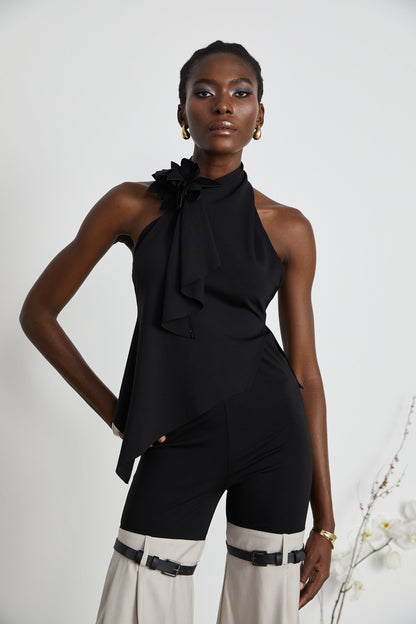 Aline floralappliqué backless asymmetric top