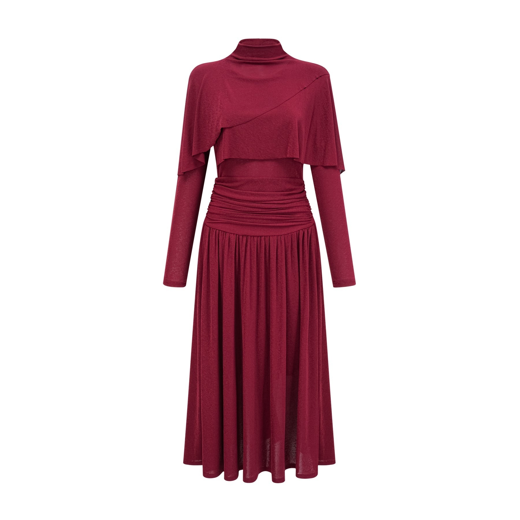 Woman wearing a red midi dress with ruched details and a flap design on the bodice