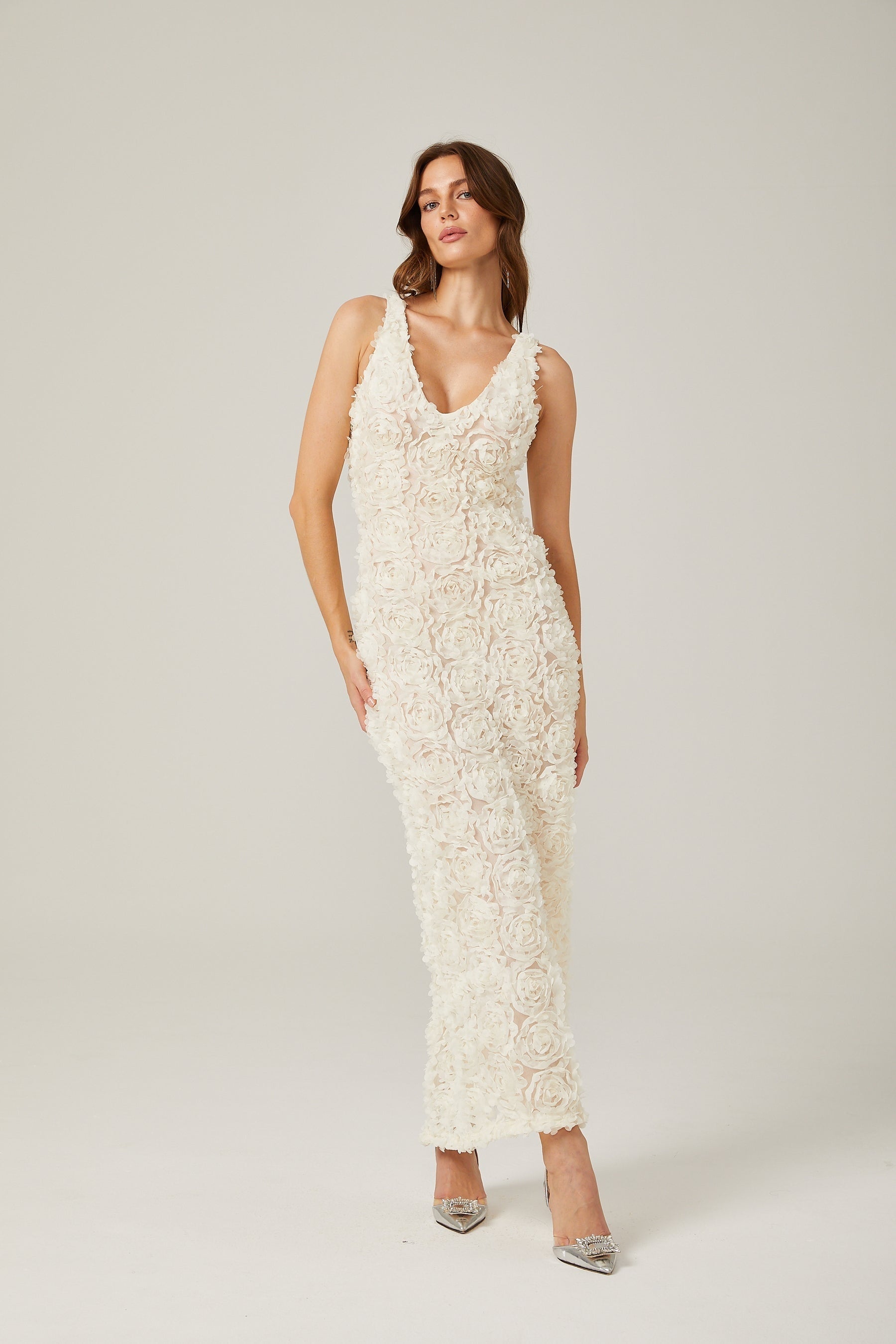 Sylvie fauxflower Vneck maxi dress in Neutrals