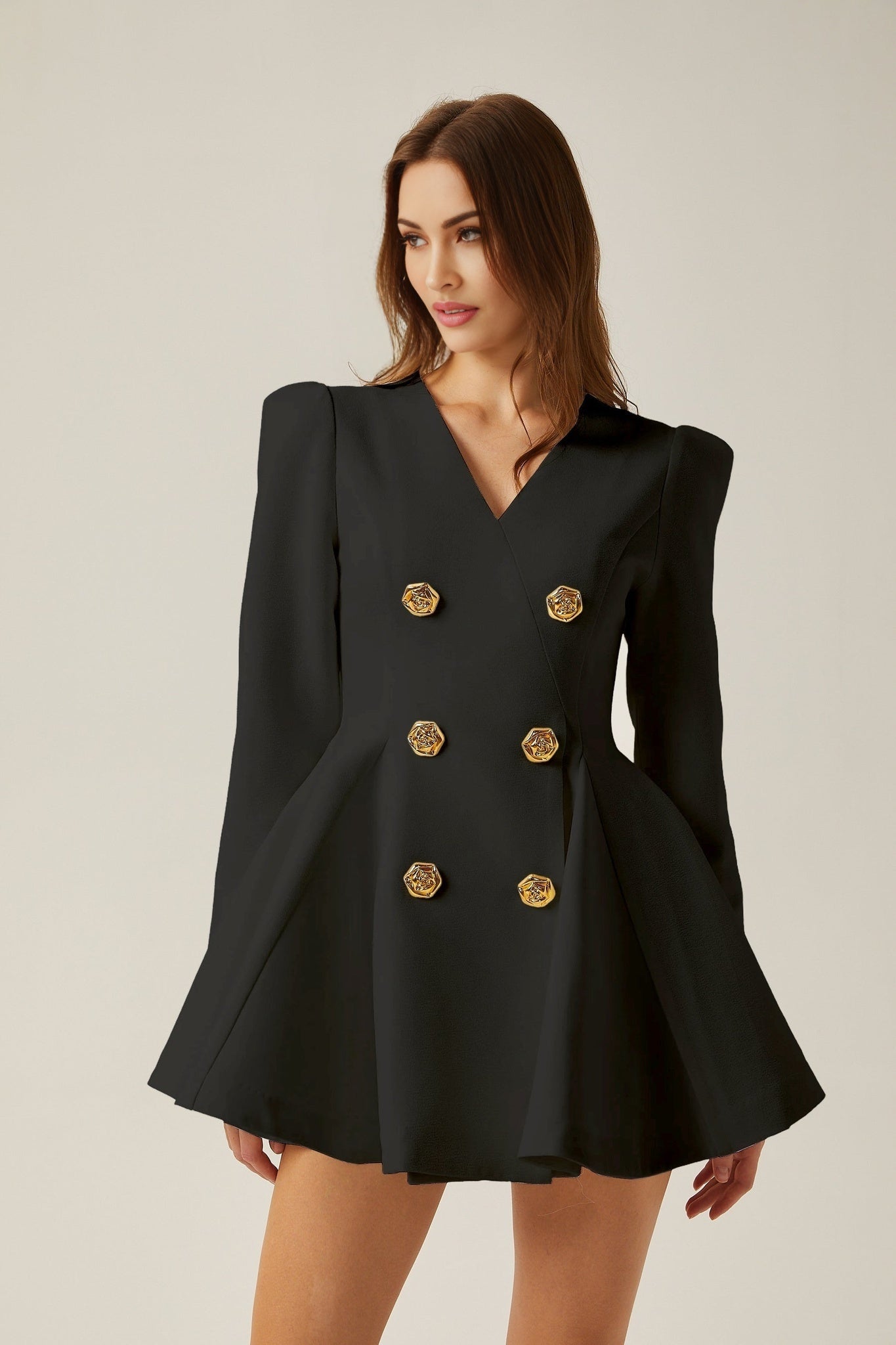 Black pleated blazer dress with peplum hem called Elise