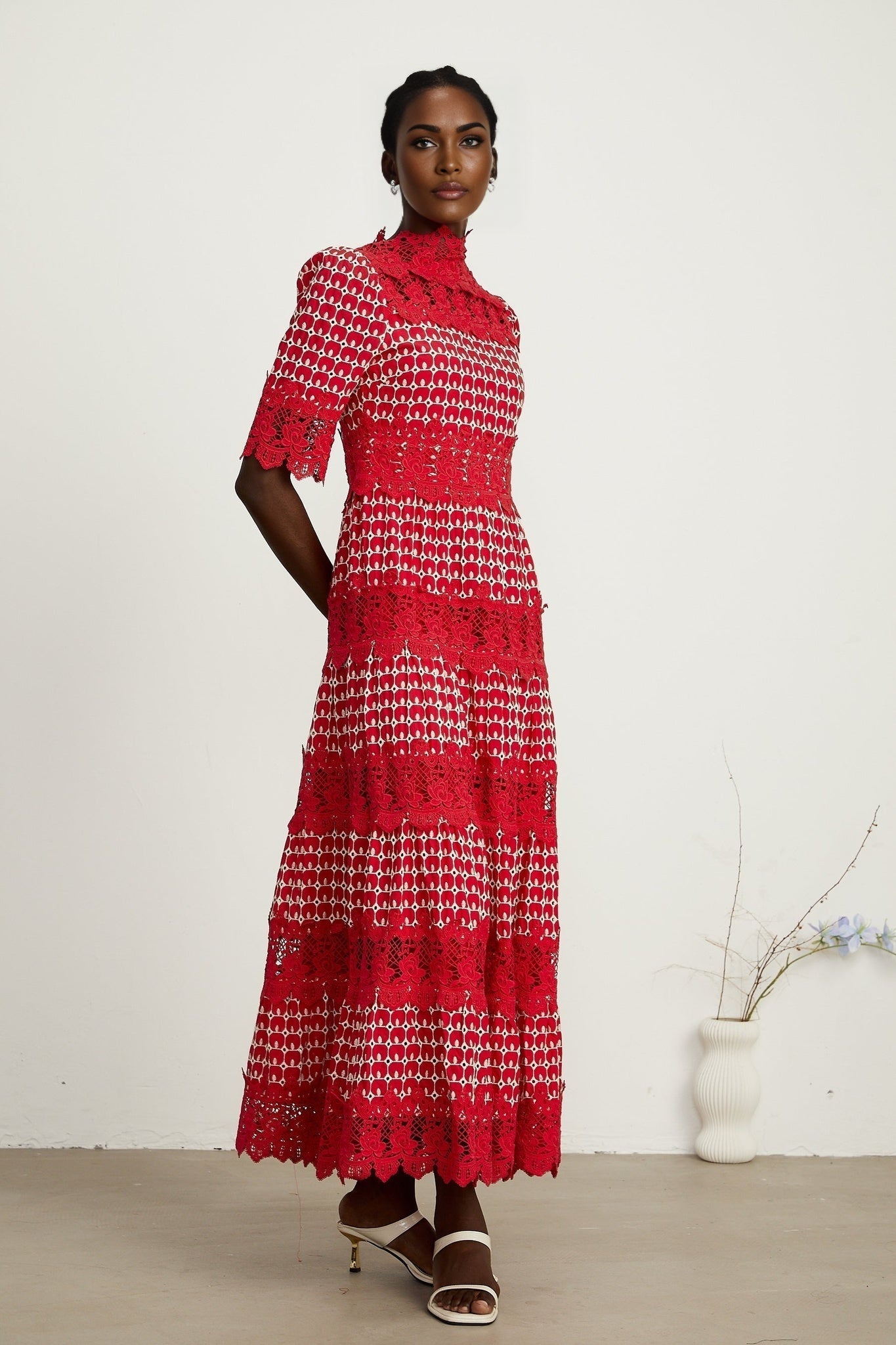 Chantal red scalloppattern lacepanel maxi dress
