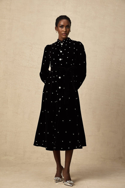 A black velvet midi dress with embellishments named Lola