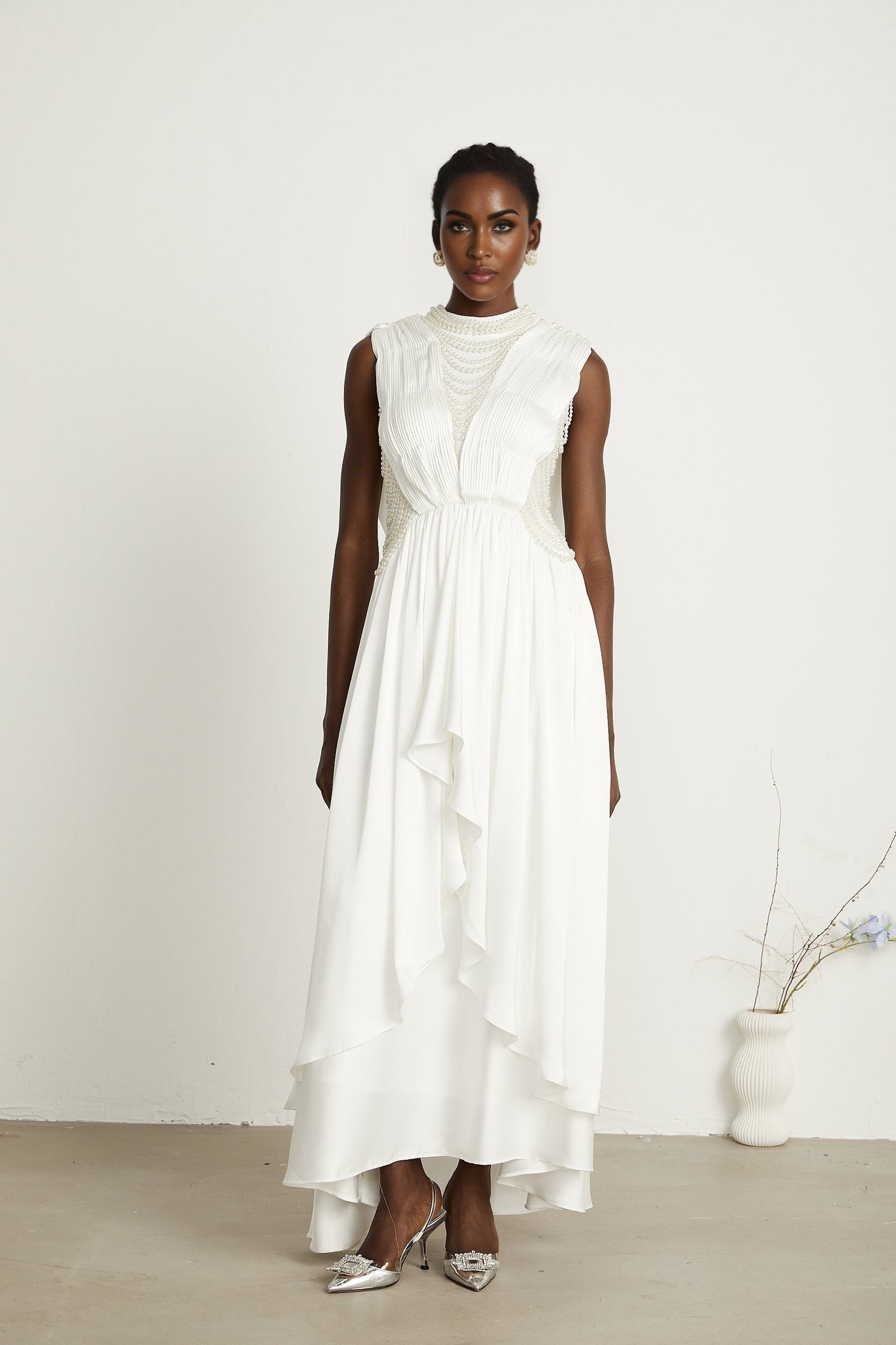 Pascale white fauxpearl pleated maxi dress