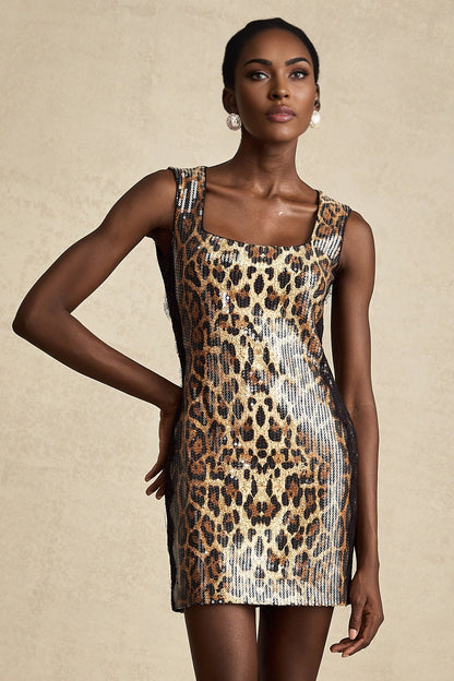 Brown leopard print mini dress with lace and sequin details featuring short sleeves and a floral design named Fleur