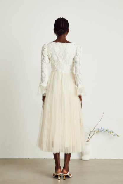 Thibaulte pleated lacefloral midi dress