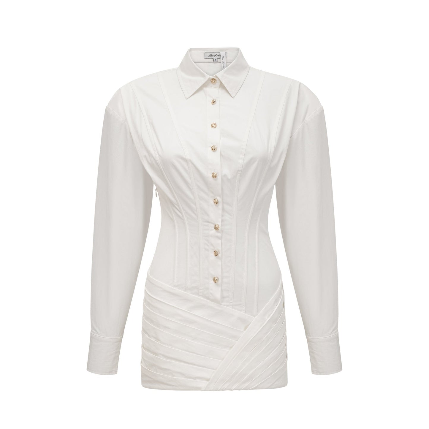 Simple white pleated mini shirt dress with fitted waist by Orlane