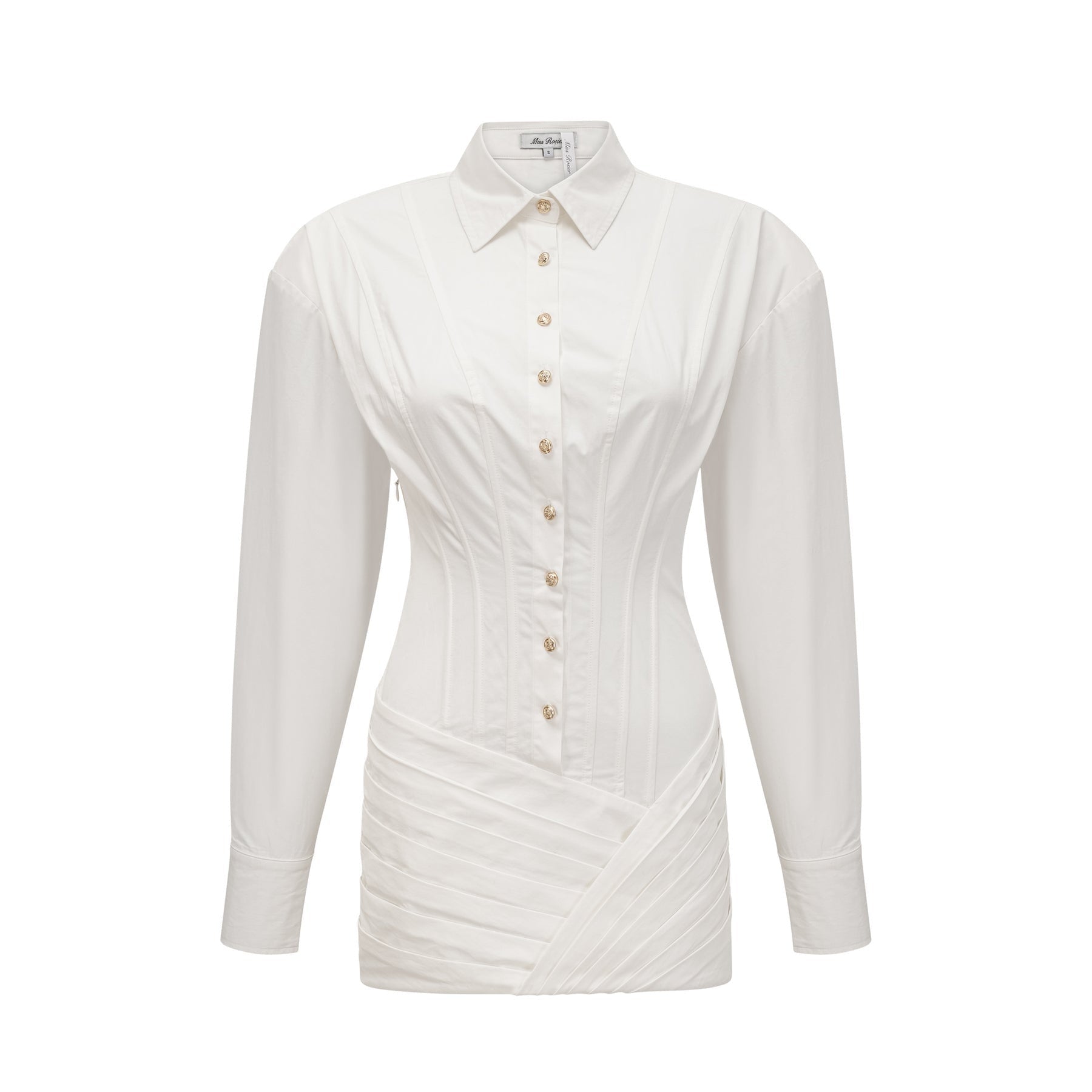 Simple white pleated mini shirt dress with fitted waist by Orlane